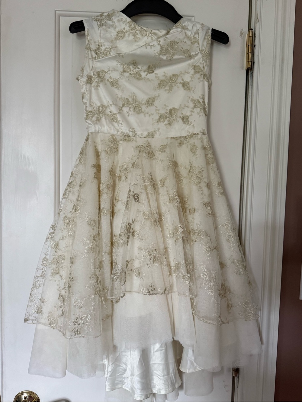 Joyfolie Ivory and Gold Lace Overlay Party Dress